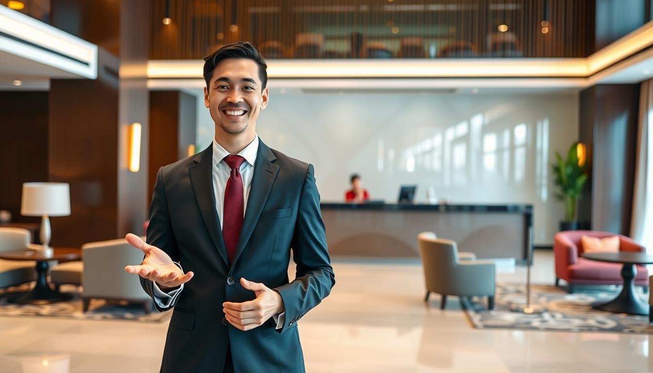 A professional Guest Relations Executive (F&B) standing in a well-lit hotel lobby, wearing a sharp suit and tie, with a warm, friendly expression on their face. The lobby features modern decor, with plush seating areas and a stylish reception desk in the background. The executive is gesturing welcomingly, ready to assist guests with their inquiries and ensure a memorable dining experience. The scene is captured with a wide-angle lens, providing a sense of depth and showcasing the attention to detail in the hotel's design.