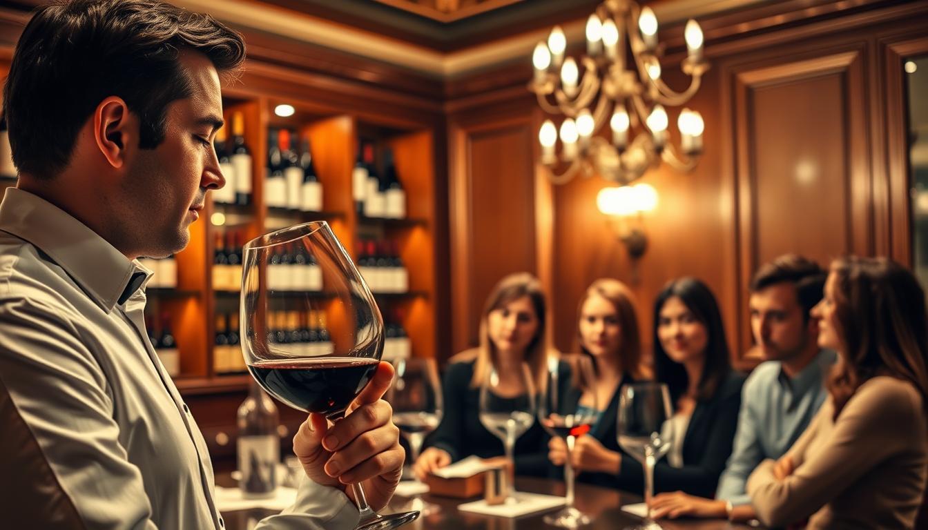 A sophisticated wine tasting and education scene. In the foreground, a sommelier expertly swirls a glass of ruby red wine, illuminated by soft, warm lighting. In the middle ground, a group of aspiring wine enthusiasts attentively listen as the sommelier describes the wine's aroma and flavor profile. The background features floor-to-ceiling shelves displaying an impressive collection of vintage bottles, complemented by elegant, wood-paneled walls and a chandelier casting a cozy, refined ambiance. The scene conveys the dedication, passion, and attention to detail inherent in the pursuit of wine expertise and the path to becoming a junior sommelier.