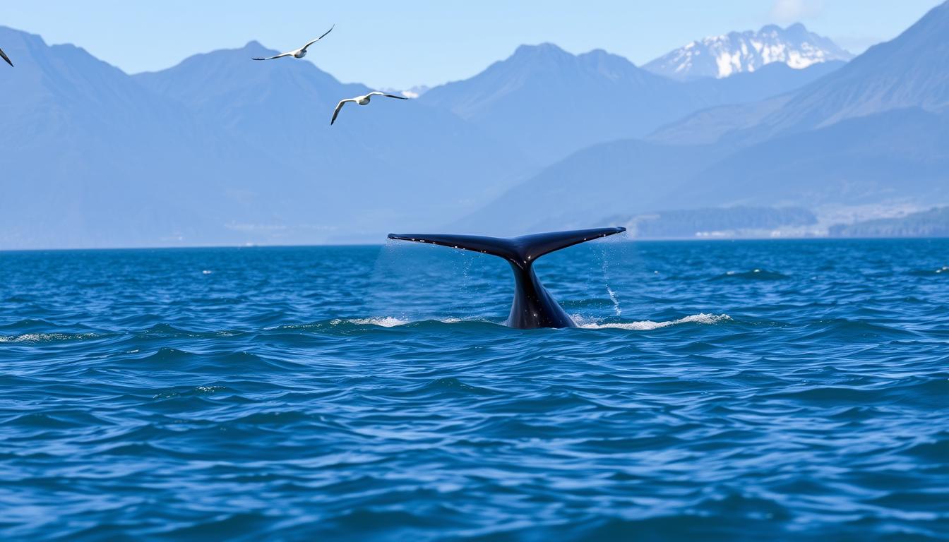 10 Best Places to Visit in New Zealand 12 Sperm whale diving near Kaikoura with mountains in the background and seabirds flying overhead