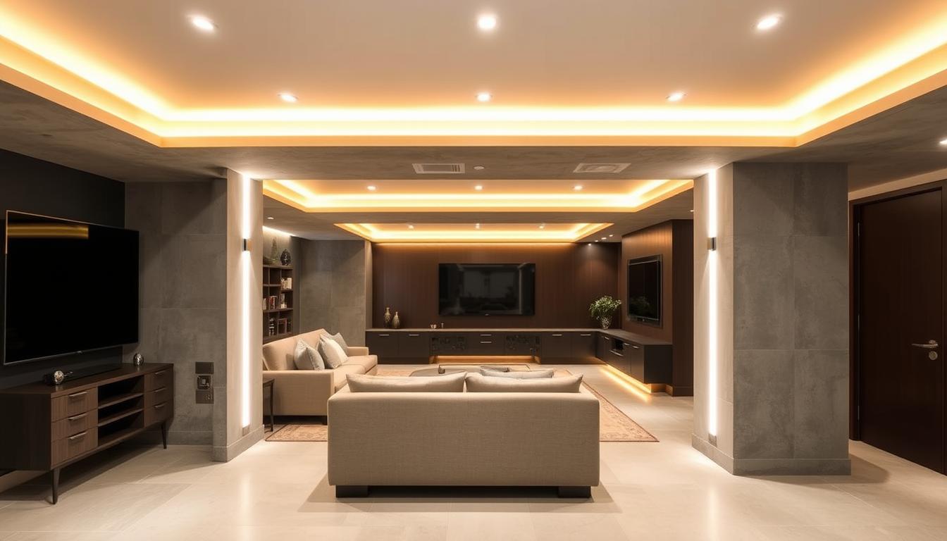 modern basement finishing ideas lighting solutions