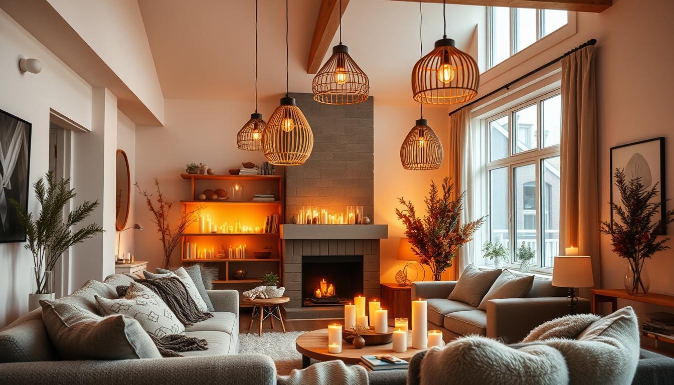 Nordic living room lighting design with pendant lights and candles
