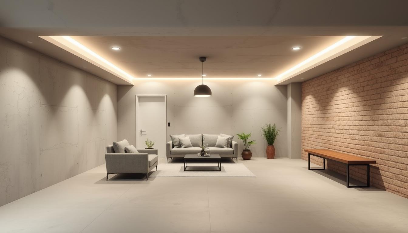 modern minimalist basement design ideas with textured elements