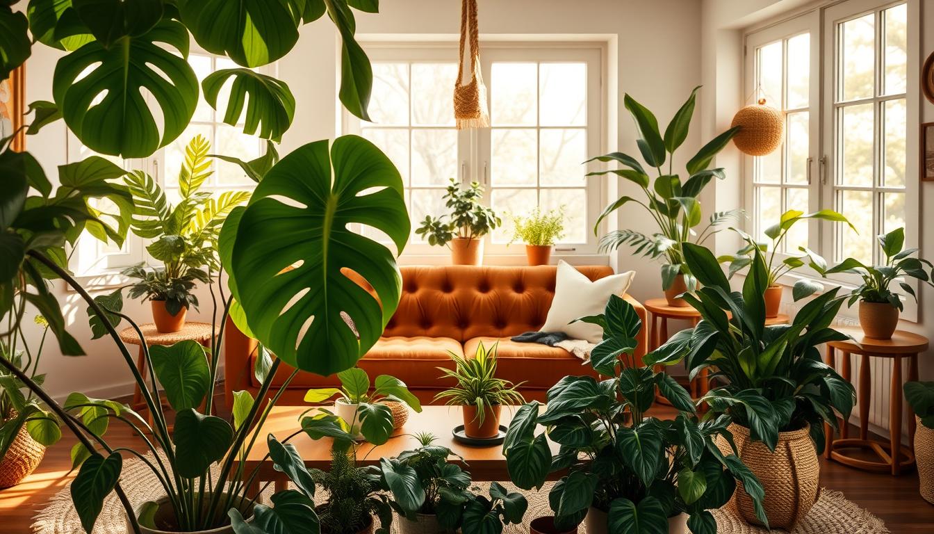 Boho hygge living room plants arrangement