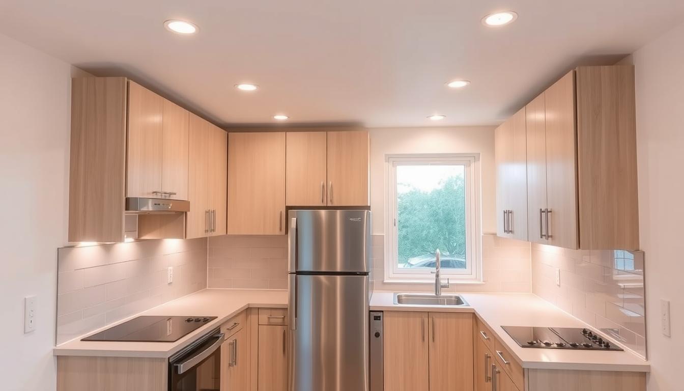 a well-lit, modern and efficient small kitchen layout with clean lines, minimalist cabinetry, and strategic placement of lighting fixtures to enhance the space. The kitchen features a U-shaped arrangement with a sleek, stainless steel appliances, a large window providing natural illumination, and recessed ceiling lights positioned to create a warm, inviting atmosphere. The backsplash is a simple, neutral tile that complements the light wood or white cabinetry. The countertops are a durable, easy-to-clean material, and the overall design maximizes storage and workflow in a compact footprint.