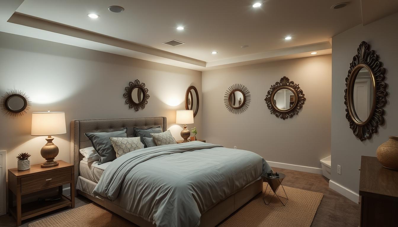 basement bedroom decor with mirrors and lighting