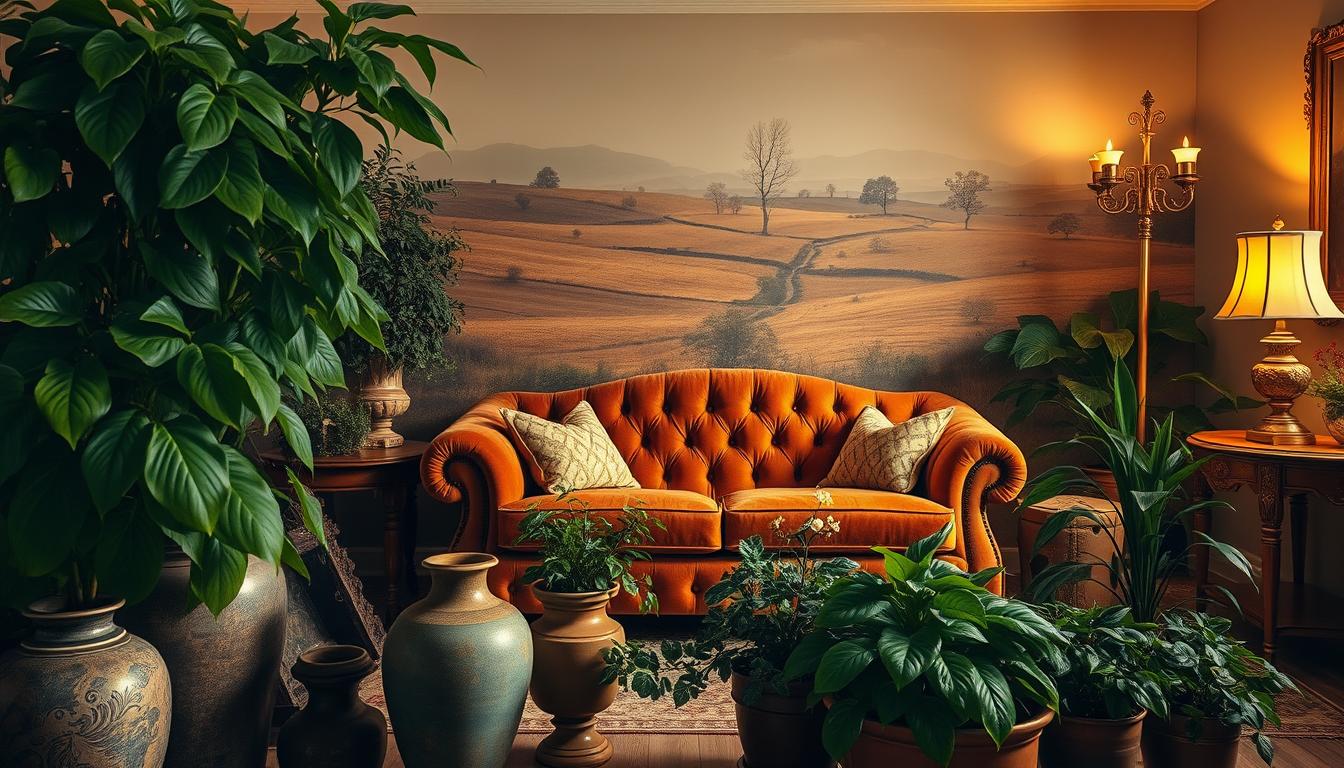 vintage living room decor plants