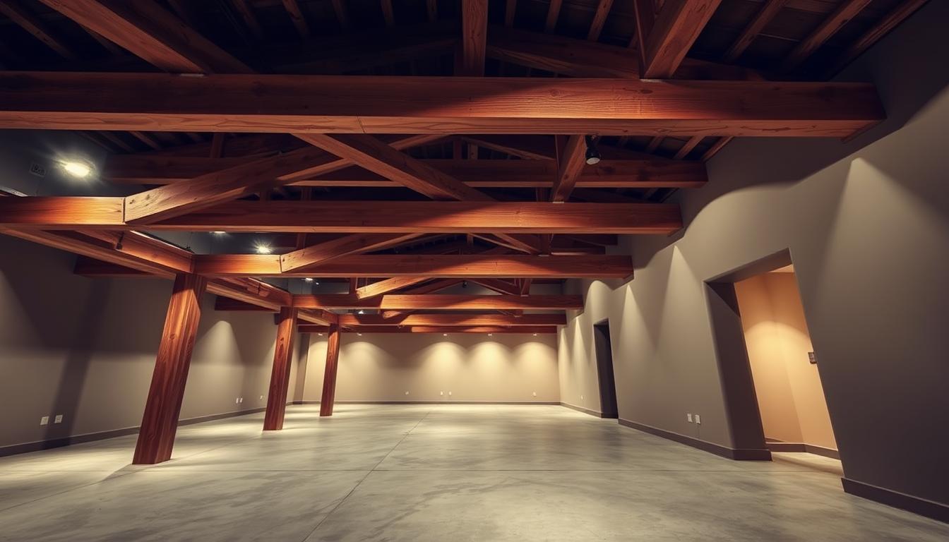 Exposed wooden beams in a modern basement
