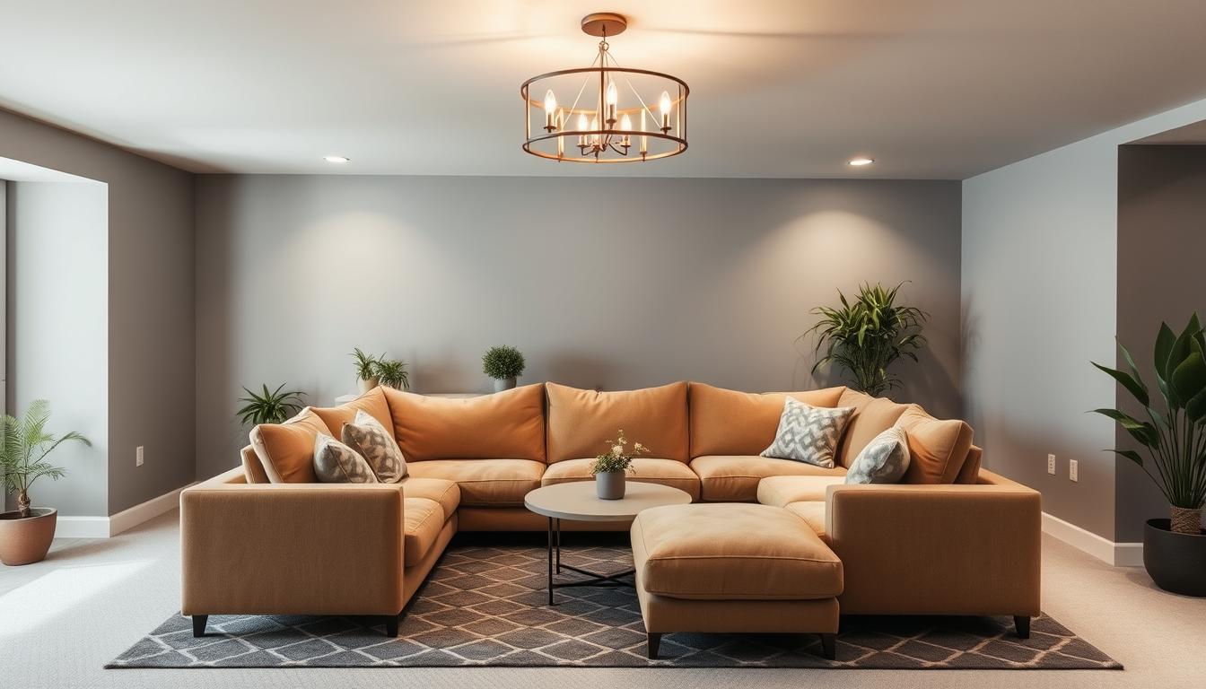 finished basement design with cozy sectional and geometric rugs