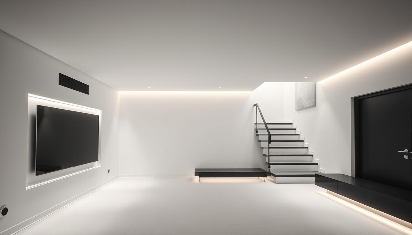 modern minimalist basement design ideas with hidden tech