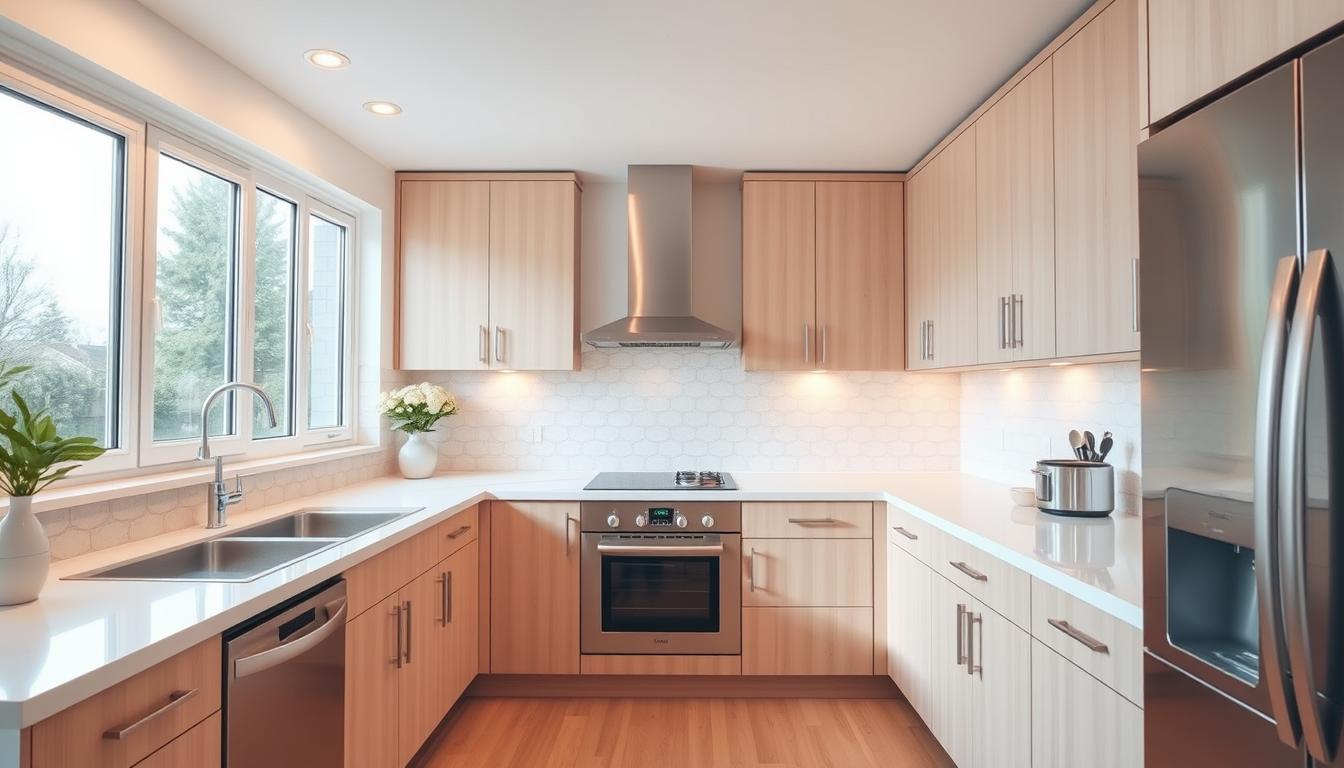 a bright, airy kitchen with light wood cabinets, white countertops, and large windows that flood the space with natural light. the backsplash features a delicate, pastel-colored tile pattern that adds a touch of subtle elegance. the room is bathed in a warm, golden glow from strategically placed recessed lighting fixtures. stainless steel appliances and sleek, minimalist hardware complete the modern, yet inviting aesthetic. the overall vibe is one of lightness, openness, and calm - a soothing, serene environment perfect for a small kitchen.