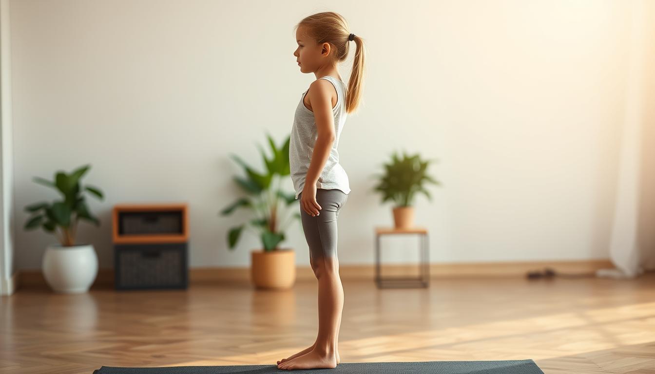 A detailed full-body portrait of a young girl practicing proper posture and body alignment. The scene is set in a natural, serene indoor setting with soft, warm lighting gently illuminating the subject. The girl is standing with excellent upright posture, shoulders back, chin slightly tucked, creating an elongated, balanced silhouette. Her limbs are positioned in a symmetrical, relaxed stance, conveying a sense of poise and controlled movement. The background features subtly blurred natural elements like potted plants or simple furniture, allowing the subject to remain the focal point. The overall tone is one of calm focus and mindful embodiment, reflecting the importance of maintaining a healthy spinal alignment.