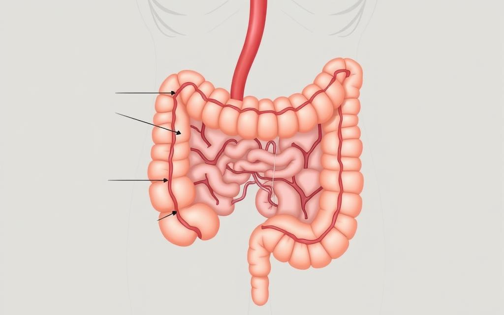 A detailed anatomical illustration of the human colon, showcasing its intricate structure and physiological functions. The image should display the colon in a cross-sectional view, revealing the distinct layers of the intestinal wall, including the mucosa, submucosa, muscularis, and serosa. Highlight the haustrations, or sacculations, that give the colon its characteristic appearance, as well as the mesenteric blood vessels and lymphatic drainage. Depict the colon's role in the digestive process, with emphasis on its absorptive and eliminative functions. Render the illustration with a clean, scientific style, using muted colors and precise, technical detailing to create a visually informative and educational image.
