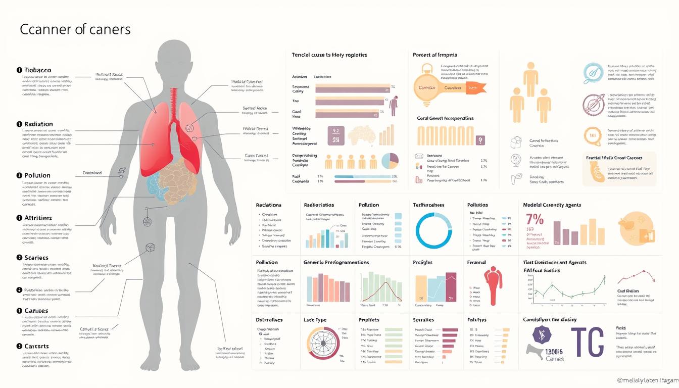 A detailed medical diagram depicting the potential causes and risk factors of cancer. The foreground shows a human body silhouette with various organs highlighted, each accompanied by informative labels and icons indicating different carcinogenic agents such as tobacco, radiation, pollution, and genetic predisposition. The middle ground features a grid-like layout of statistical data and infographics visualizing the prevalence and distribution of various cancer types. The background is a clean, minimalist layout with a soothing, muted color palette to convey the serious yet informative nature of the subject. The overall composition is balanced, with a clear hierarchical structure and attention to detail, creating an educational and visually engaging image.