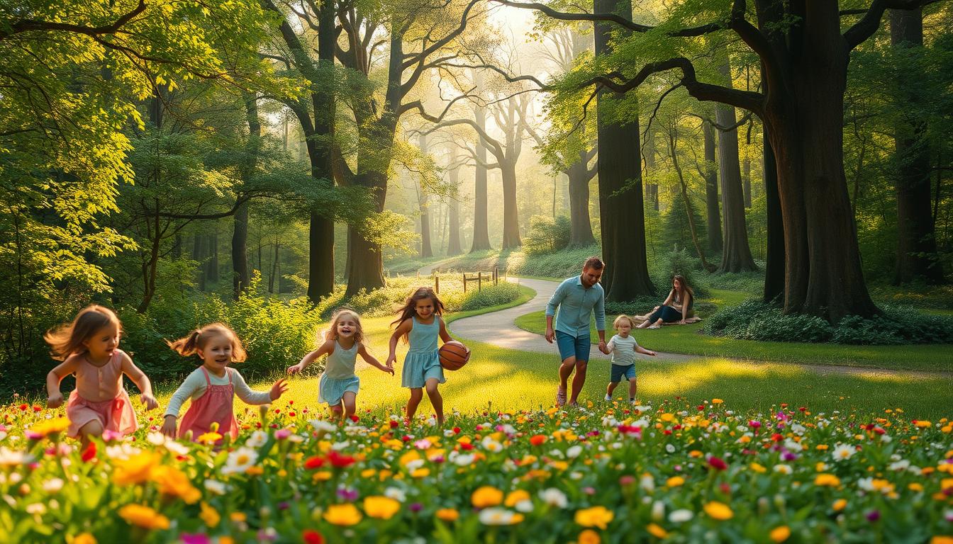 A magical forest setting with a warm, gentle glow from the sun peeking through the lush, verdant canopy. In the foreground, a group of happy, energetic children play amidst a field of vibrant flowers, their laughter and movements capturing the joy of growing up. In the middle ground, a family of four - a mother, father, and two children - engage in various playful activities, like kicking a ball or tending to a small garden. The background features a winding path leading deeper into the enchanting woodland, where towering trees and whimsical wildlife create a sense of wonder and exploration. The overall scene conveys the natural, nurturing environment that can foster a child's healthy physical development.