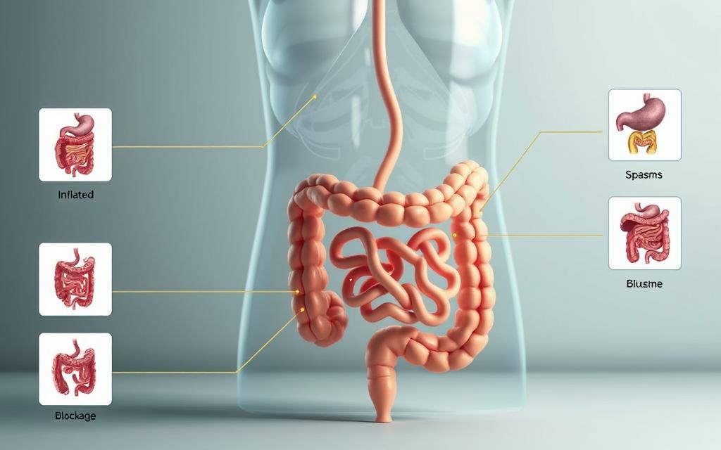 A detailed anatomical illustration of common colon disorders, showcasing the various types of intestinal issues. The image should have a clean, scientific aesthetic with precise renderings of the gastrointestinal tract, highlighting key elements like inflammation, spasms, and blockages. Employ a muted color palette of grays, blues, and greens to convey the medical nature of the subject. Incorporate subtle lighting from the side to accentuate the 3D form and textures of the internal anatomy. Compose the scene with a balanced layout, placing the central colon model in the middle ground, surrounded by smaller inset diagrams demonstrating the specific conditions. The overall mood should be informative and educational, guiding the viewer through the common types of colorectal disorders.