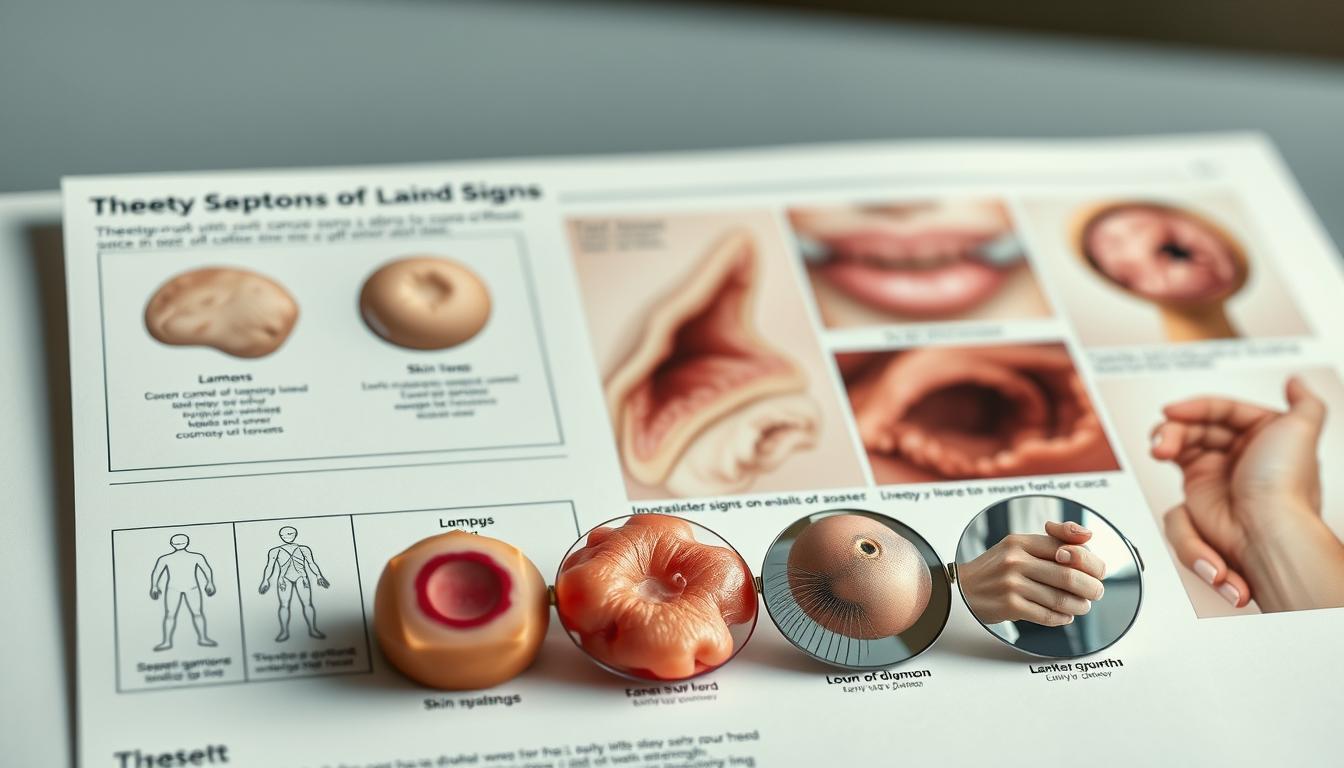 A detailed, highly realistic medical illustration depicting the early warning signs and symptoms of cancer. In the foreground, a clear diagram showcases several key indicators such as lumps, skin changes, and abnormal growths. In the middle ground, a series of close-up, high-resolution visuals illustrate these symptoms from multiple angles, captured with a sharp, clinical lens. The background features a soft, muted color scheme reminiscent of a medical textbook, creating a somber, educational atmosphere. Subtle, neutral lighting highlights the fine details and textures, lending an air of authority and professionalism to the overall composition.