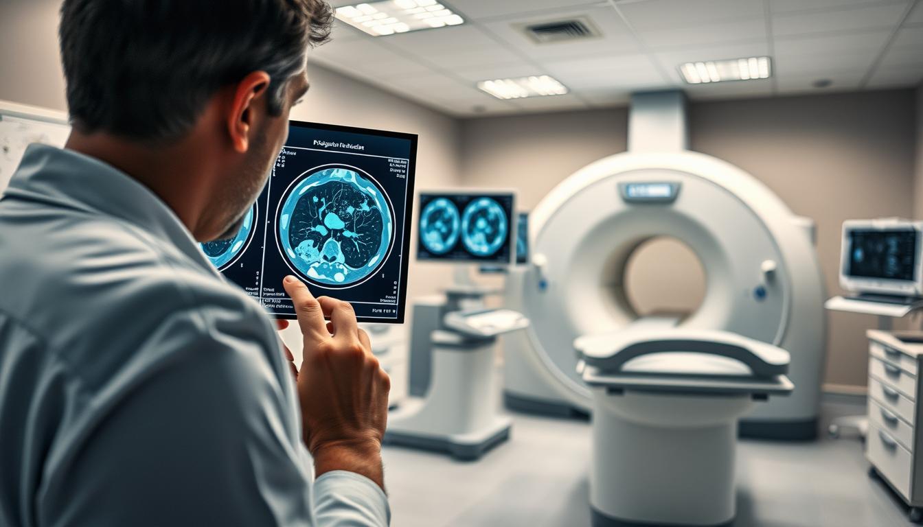 A detailed medical diagnostic scene depicting the early detection of cancer through advanced imaging techniques. In the foreground, a radiologist examines a 3D projection of a CT scan, meticulously analyzing the scans for any signs of abnormal growths. The middle ground features state-of-the-art medical imaging equipment, including an MRI machine, capturing high-resolution images to aid in the diagnostic process. The background showcases a modern, well-equipped hospital setting, with clean lines, muted colors, and a sense of clinical professionalism. The lighting is soft and directional, highlighting the focus and concentration of the medical professionals. The overall atmosphere conveys a sense of medical expertise, cutting-edge technology, and the critical importance of early cancer detection.