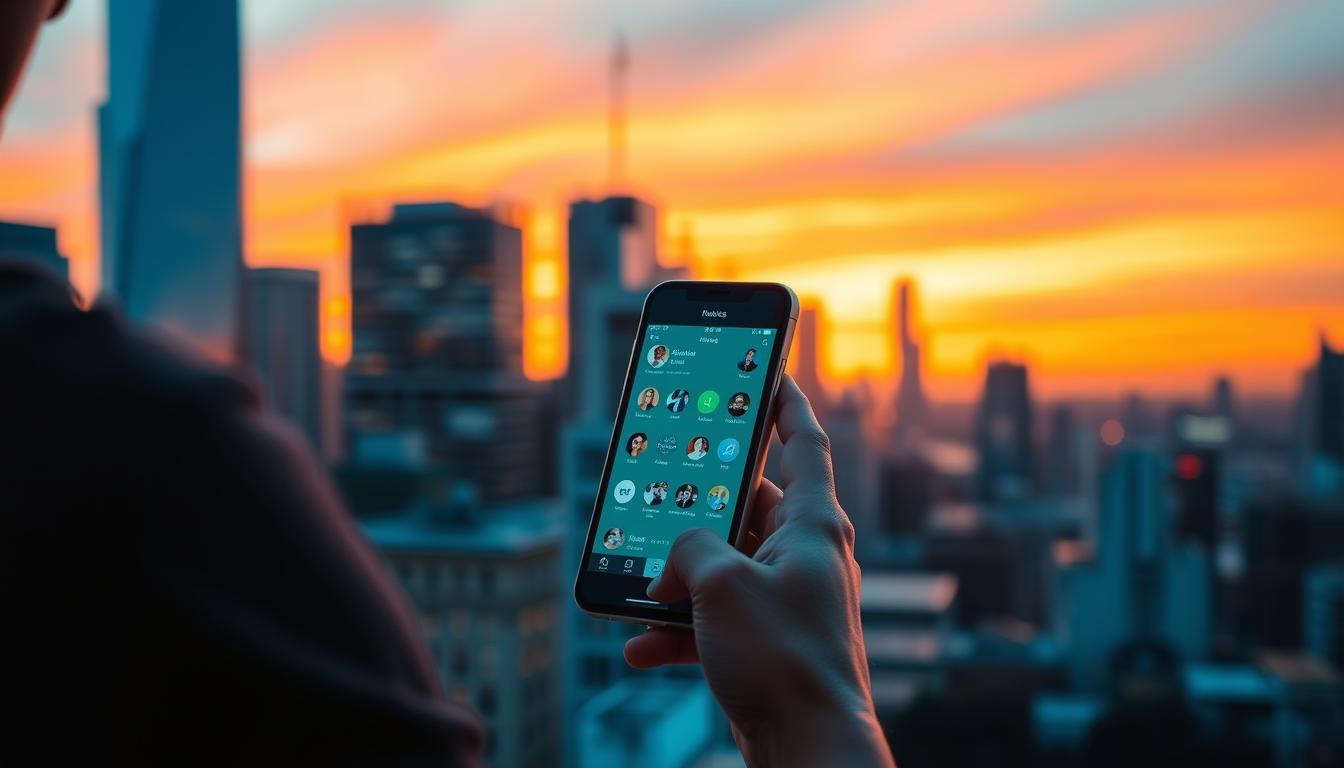 Image of a person using social media on their phone with a cityscape in the background