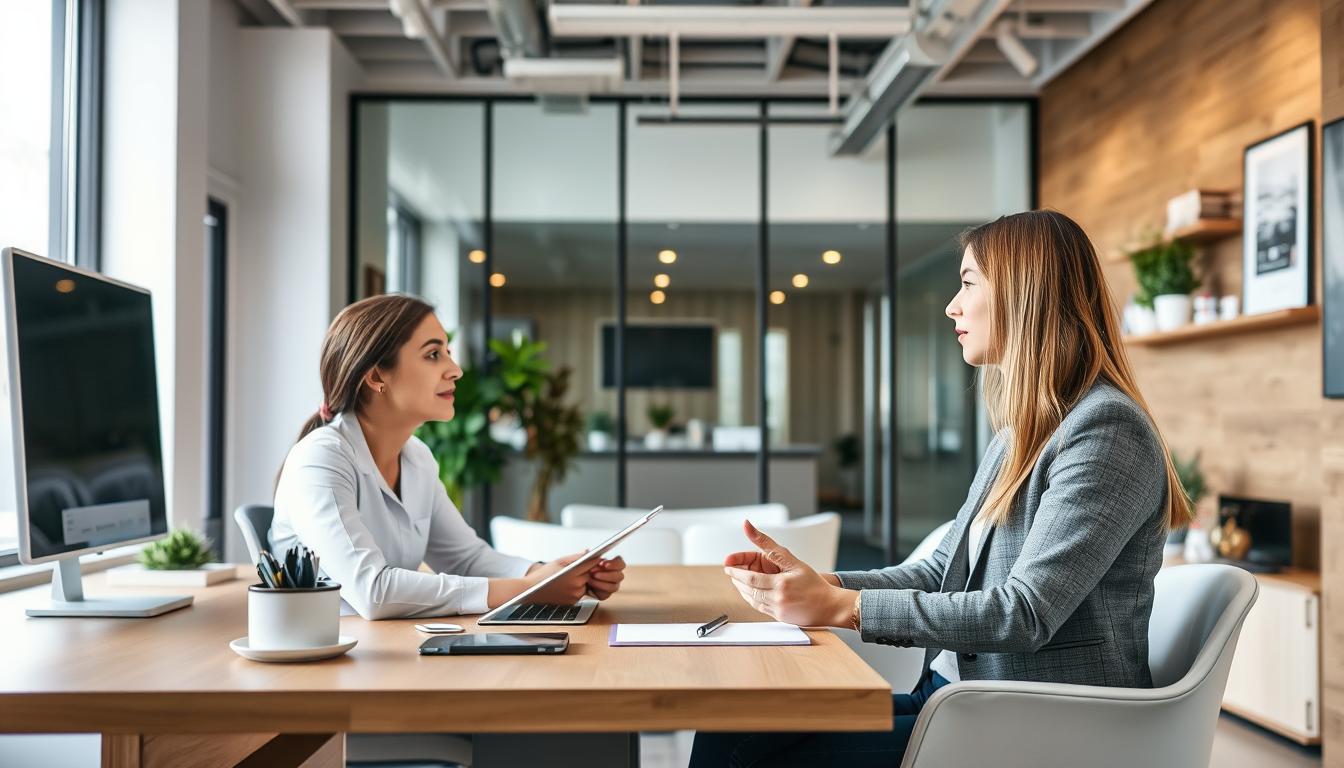 Generate an image of a modern property management office with a real estate agent discussing with a client.
