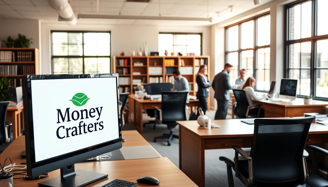 A well-lit office space with large windows, classic wooden desks, and ergonomic chairs. In the foreground, a computer monitor displays the "Money Crafters" brand logo, representing the tools of the modern office. In the middle ground, employees in professional attire engage in collaborative discussions, showcasing the teamwork and camaraderie of traditional employment. The background features a bookshelf filled with industry-relevant resources, conveying a sense of knowledge and expertise. Warm, natural lighting filters through the windows, creating a comfortable and productive atmosphere. The overall scene reflects the stability, benefits, and professional development opportunities inherent in traditional employment.