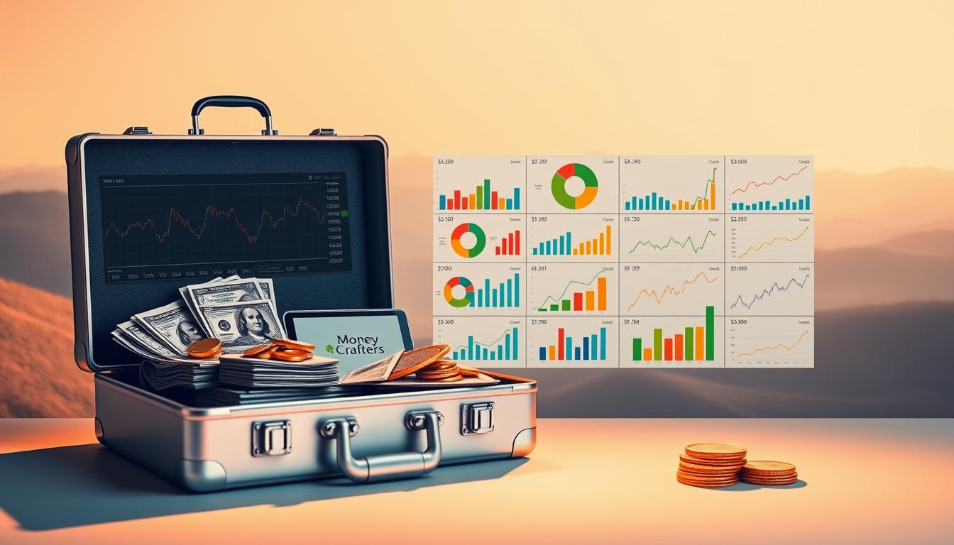 A minimalist, high-contrast composition showcasing various investment portfolio strategies. In the foreground, a sleek, silver briefcase with the "Money Crafters" logo sits open, revealing stacks of US dollar bills, gold ingots, and a tablet displaying stock market data. The middle ground features a grid of colorful pie charts, bar graphs, and line charts, each representing different asset allocation models. The background is a soft, gradient-based landscape, hinting at the long-term growth potential of a diversified investment portfolio. Warm, directional lighting casts subtle shadows, creating a sense of depth and emphasis on the key financial instruments. The overall mood is one of precision, stability, and the promise of prudent wealth management.