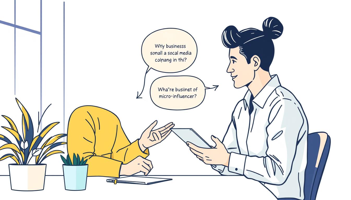 Generate an image of a small business owner collaborating with a micro-influencer on social media.