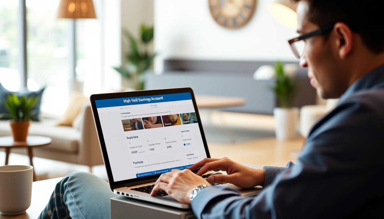 Generate an image of a person sitting in front of a laptop with a high-yield savings account webpage open.