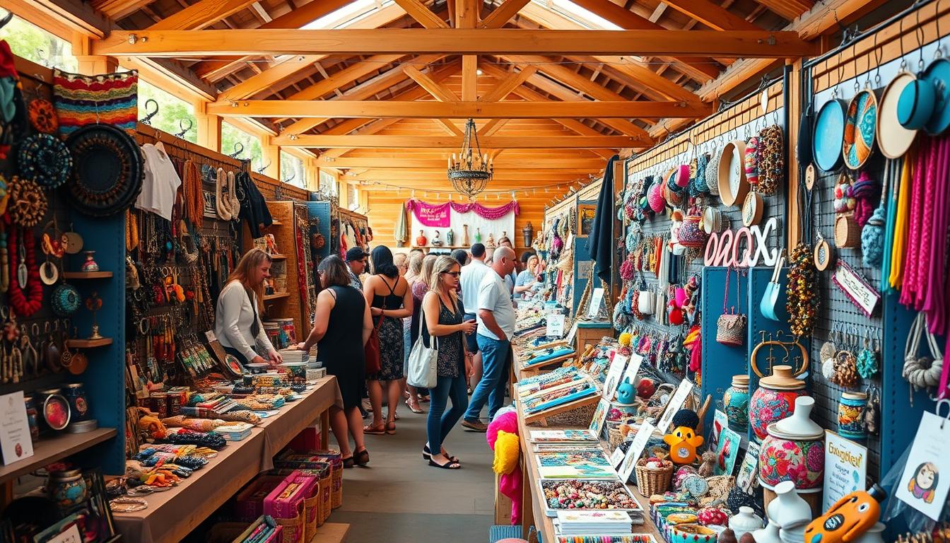 A bustling craft business market filled with vibrant booths showcasing an array of handmade goods. In the foreground, a well-stocked booth displaying an array of colorful and unique "Money Crafters" products, from intricate jewelry to whimsical home decor. The middle ground features a diverse crowd of shoppers, artists, and vendors interacting and networking. In the background, a warm, natural lighting casts a cozy ambiance over the scene, with a wooden structure or pavilion serving as the backdrop. The overall atmosphere exudes a sense of creativity, entrepreneurship, and the thrill of discovering new, one-of-a-kind crafts.