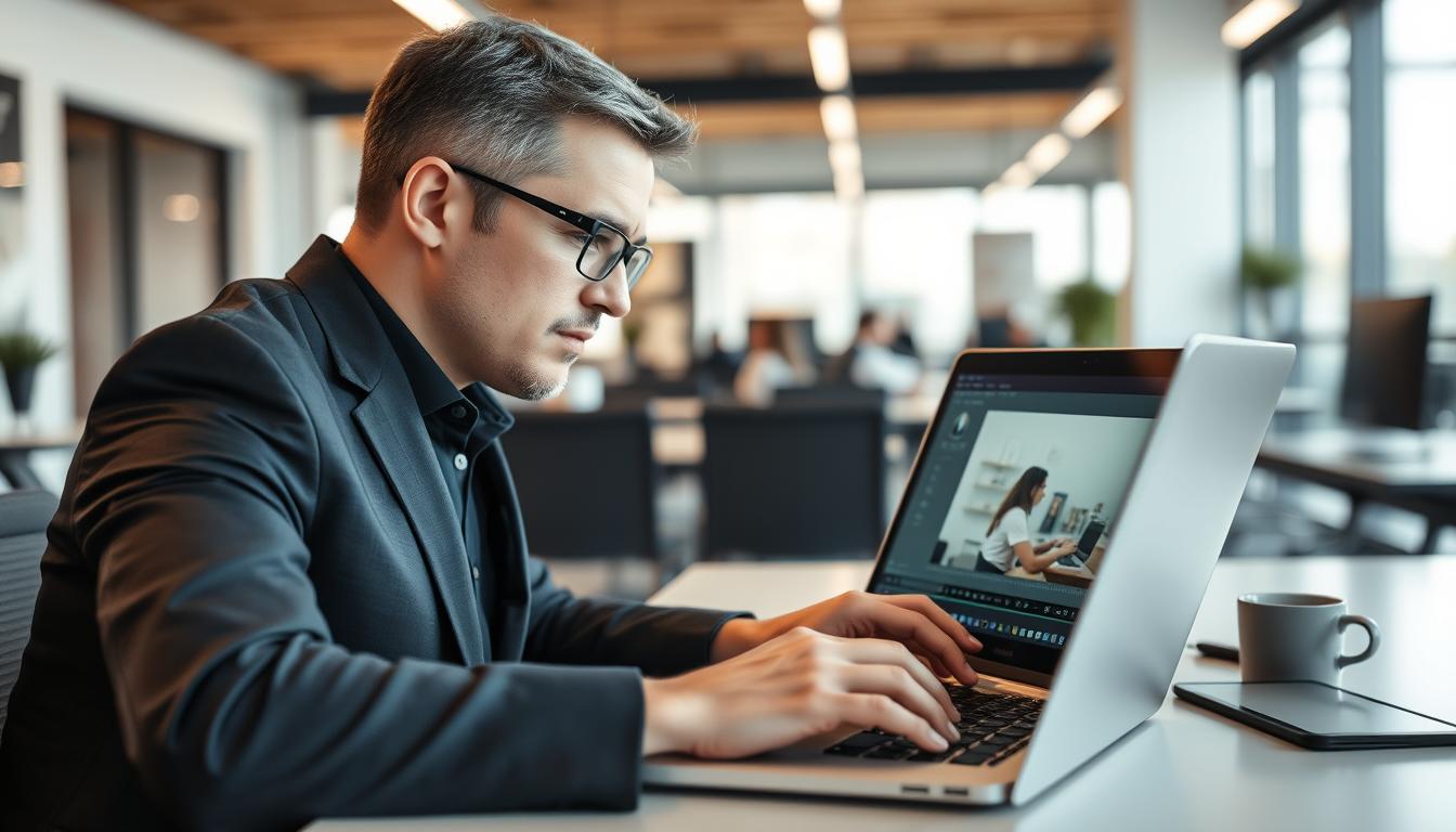 Create an image of a business professional using PictoryAI to edit a video on their laptop.