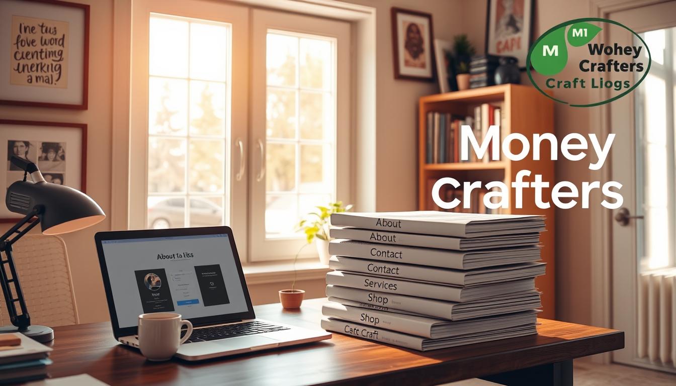 A cozy home office workspace, bathed in warm, natural light from a large window. On the desk, a laptop, a cup of coffee, and a stack of essential blog pages - the "About", "Contact", "Services", and "Shop" sections, each with a distinct layout and design. The walls are adorned with inspirational artwork, and a bookshelf in the background holds a collection of craft-related titles. A small potted plant adds a touch of greenery, and the overall atmosphere is one of focused productivity and creativity. In the corner, the "Money Crafters" brand logo is prominently displayed, signifying the professional nature of the craft blog.