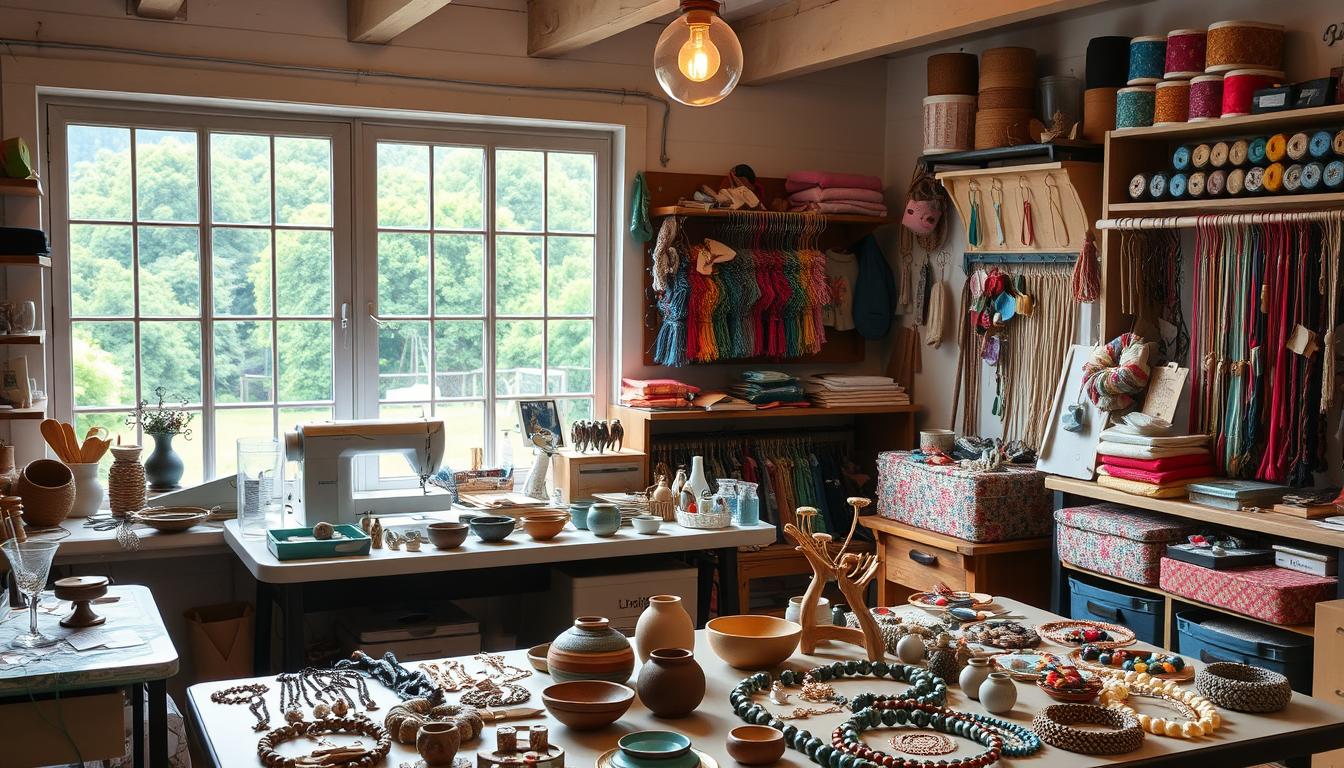A well-lit, cozy crafting studio filled with an assortment of handmade items, tools, and supplies. In the foreground, a table showcases a variety of products from the "Money Crafters" brand, including jewelry, pottery, and woven textiles. In the middle ground, a sewing machine and a display of colorful fabrics hint at the diverse range of crafts. The background features large windows overlooking a lush, natural landscape, providing ample natural light and a serene atmosphere. The overall scene conveys a sense of creativity, productivity, and the potential for turning crafts into a profitable business.