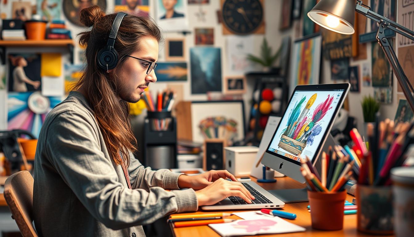 Generate an image of a person working on a digital art project on their laptop.