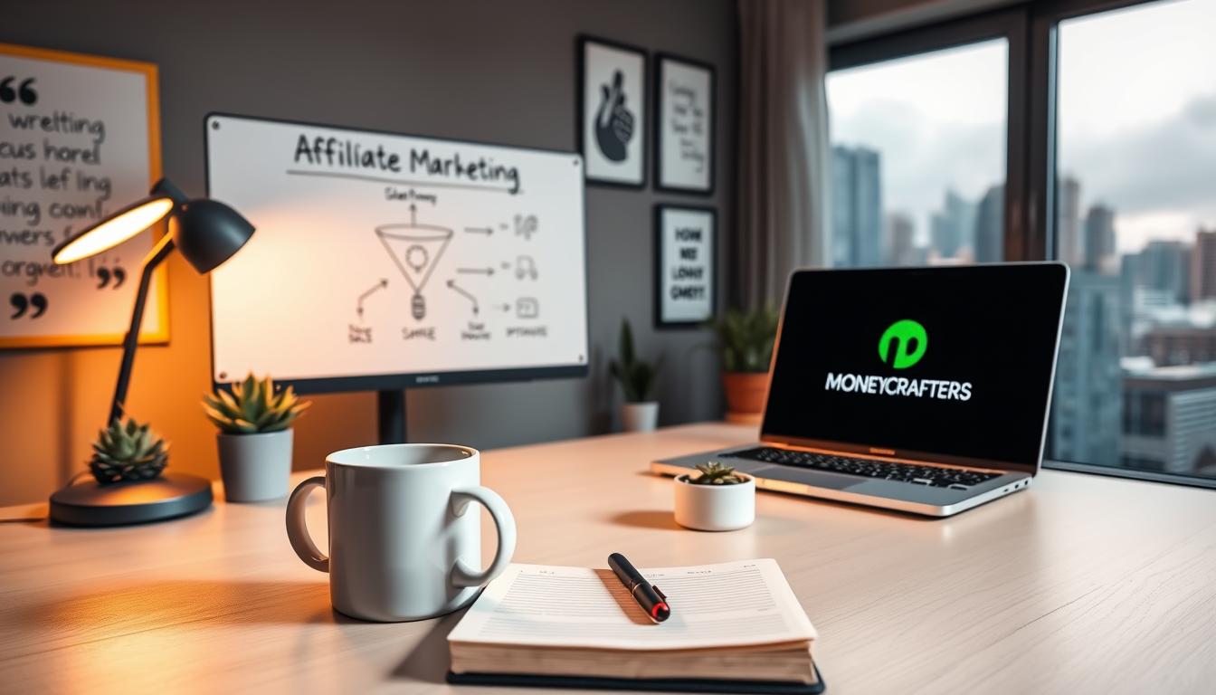 A professional, high-quality image of an "affiliate marketing strategy" for the article section "Common Mistakes to Avoid as a Beginner": A stylish, minimalist home office with a Money Crafters branded laptop and desktop setup. Warm lighting illuminates a whiteboard displaying an affiliate marketing sales funnel diagram, arrows and icons representing the customer journey. In the foreground, a mug of coffee and notebook with handwritten notes. The middle ground features a succulent plant and inspirational quotes framed on the wall. The background showcases a large window overlooking a cityscape, conveying a sense of productivity and growth. The overall mood is focused, organized and aspirational.