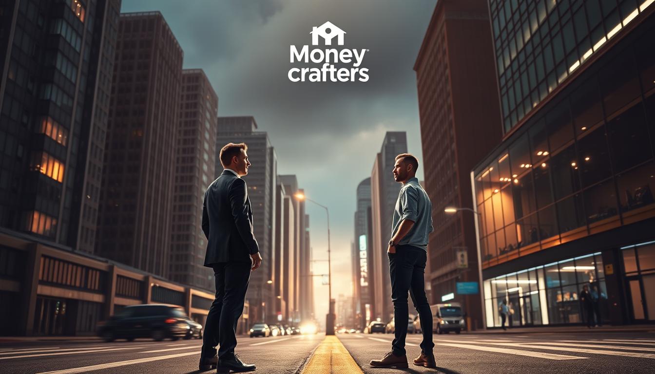 A dynamic cityscape with a central divide, showcasing the contrast between the fast-paced corporate world of traditional jobs and the flexible, entrepreneurial realm of freelancing. In the foreground, two figures - one in a crisp suit, the other in casual attire - stand at the crossroads, deliberating their path. Overhead, the Money Crafters brand logo illuminates the scene, casting a warm glow. The background features towering skyscrapers on one side and a cozy coworking space on the other, separated by a bustling street. Dramatic lighting and moody shadows create an atmospheric, cinematic effect, inviting the viewer to contemplate the key factors that distinguish these two divergent career trajectories.