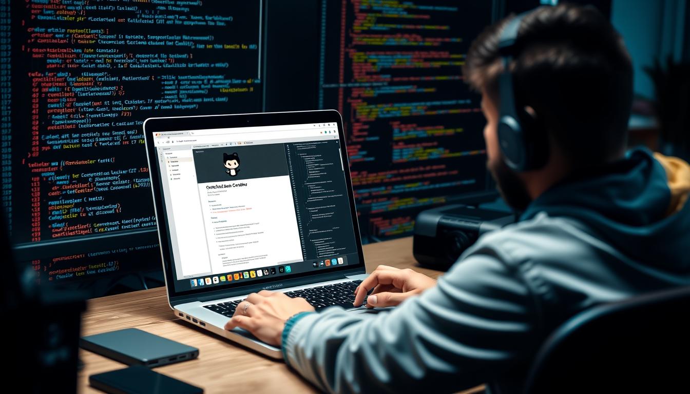 Generate an image of a developer using GitHub Copilot on their laptop