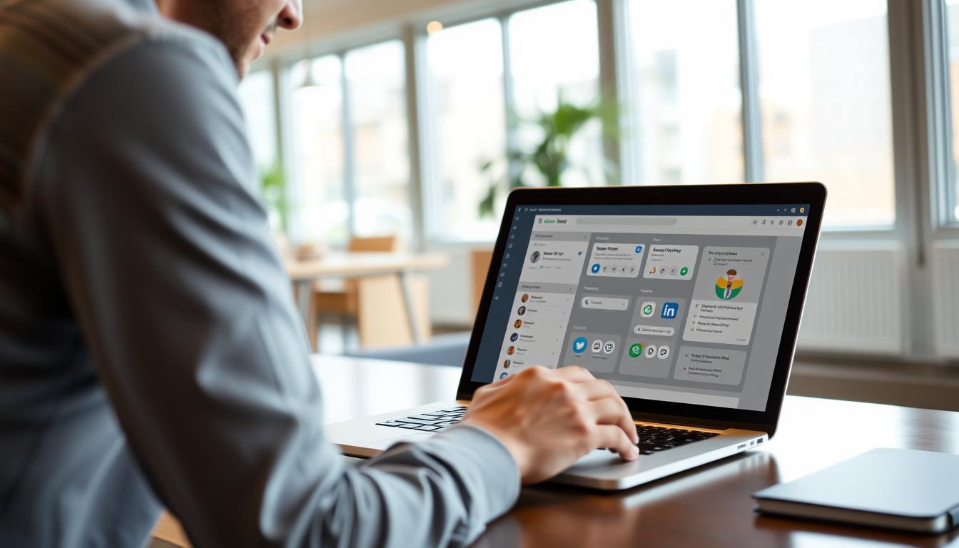 Generate an image of a small business owner using a social media management tool on their laptop.