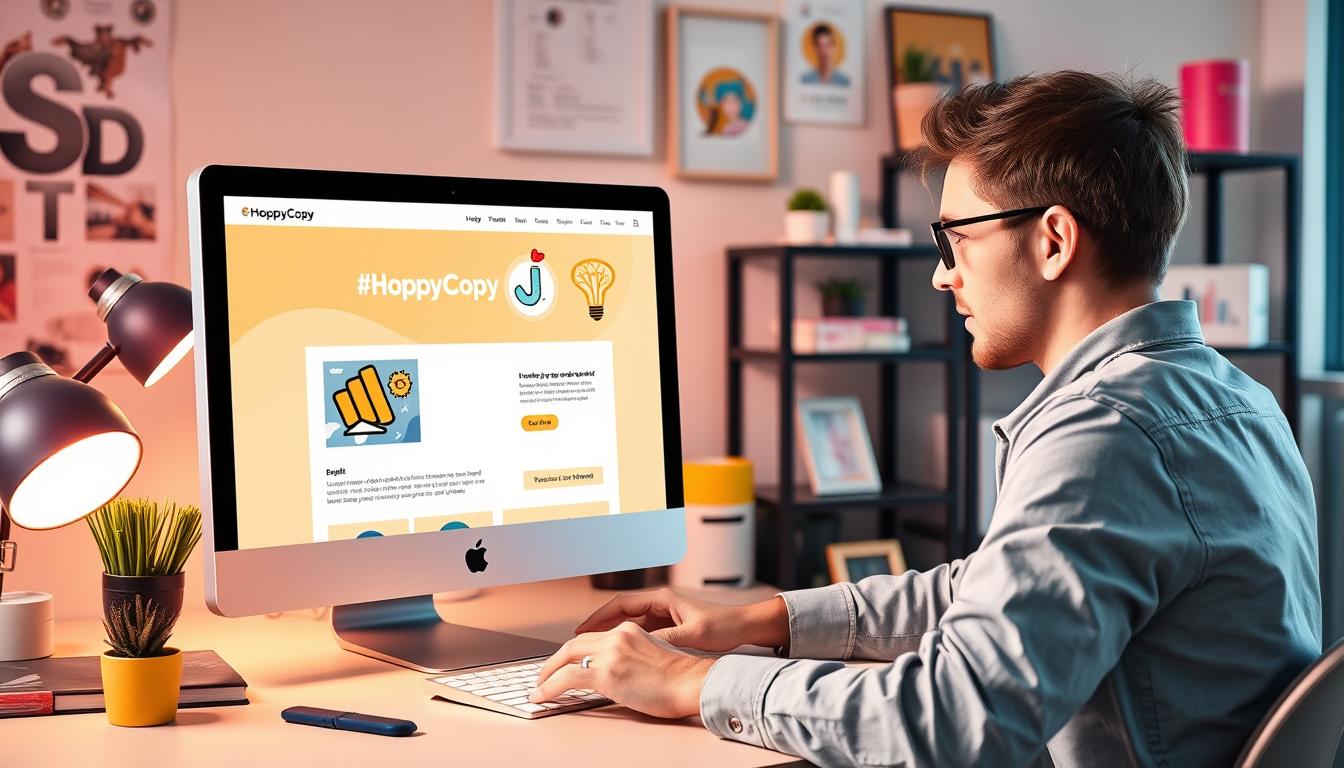 Generate an image of a marketer using HoppyCopy to create a successful email campaign.