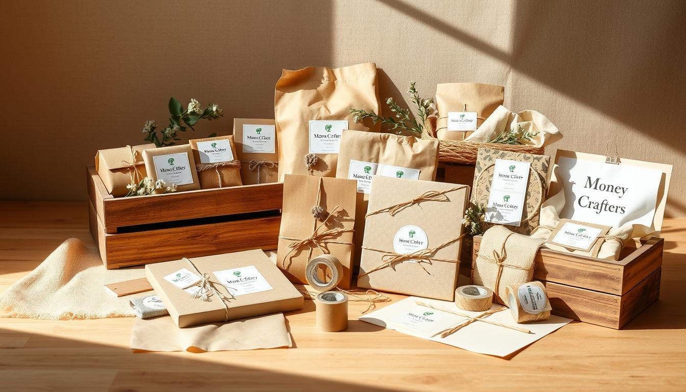Craft packaging ideas: An elegant still life featuring an assortment of handmade packaging solutions for a fictional "Money Crafters" brand. In the foreground, a rustic wooden crate holds a variety of boxes, bags, and labels in natural earthy tones, accented with delicate floral elements. In the middle ground, a well-curated selection of packaging materials, including twine, washi tape, and stamped tissue paper, create a visually appealing composition. The background features a neutral backdrop, allowing the crafted packaging to take center stage, conveying a sense of artisanal quality and attention to detail. Warm, natural lighting casts a soft glow, enhancing the overall mood of handmade charm and entrepreneurial flair.