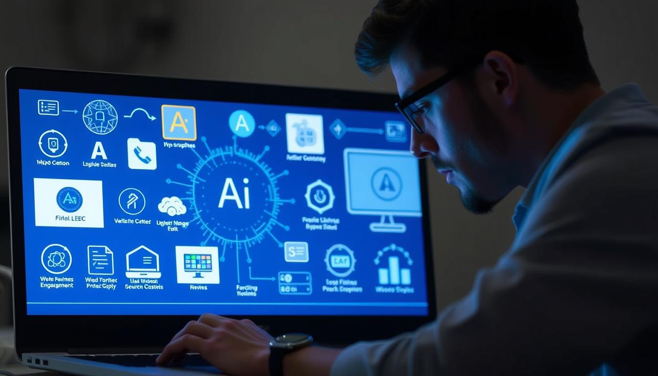 Generate an image of a person working on a laptop with AI tools on the screen.