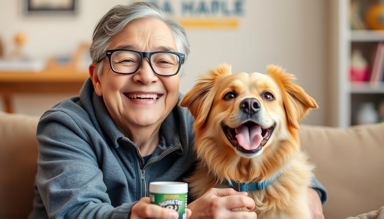 Generate an image of a happy pet and its owner enjoying a service or product together.