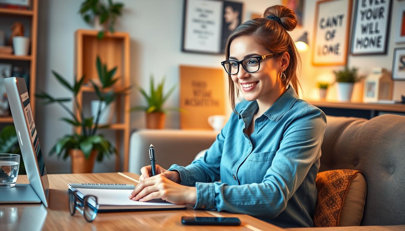 Create an image of a virtual assistant working from home, with a laptop and a notepad.