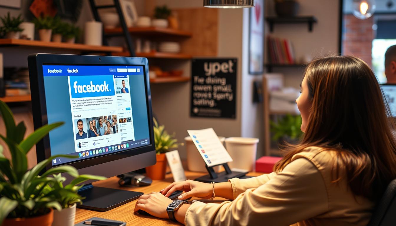 Create an image of a small business owner engaging with customers on Facebook.