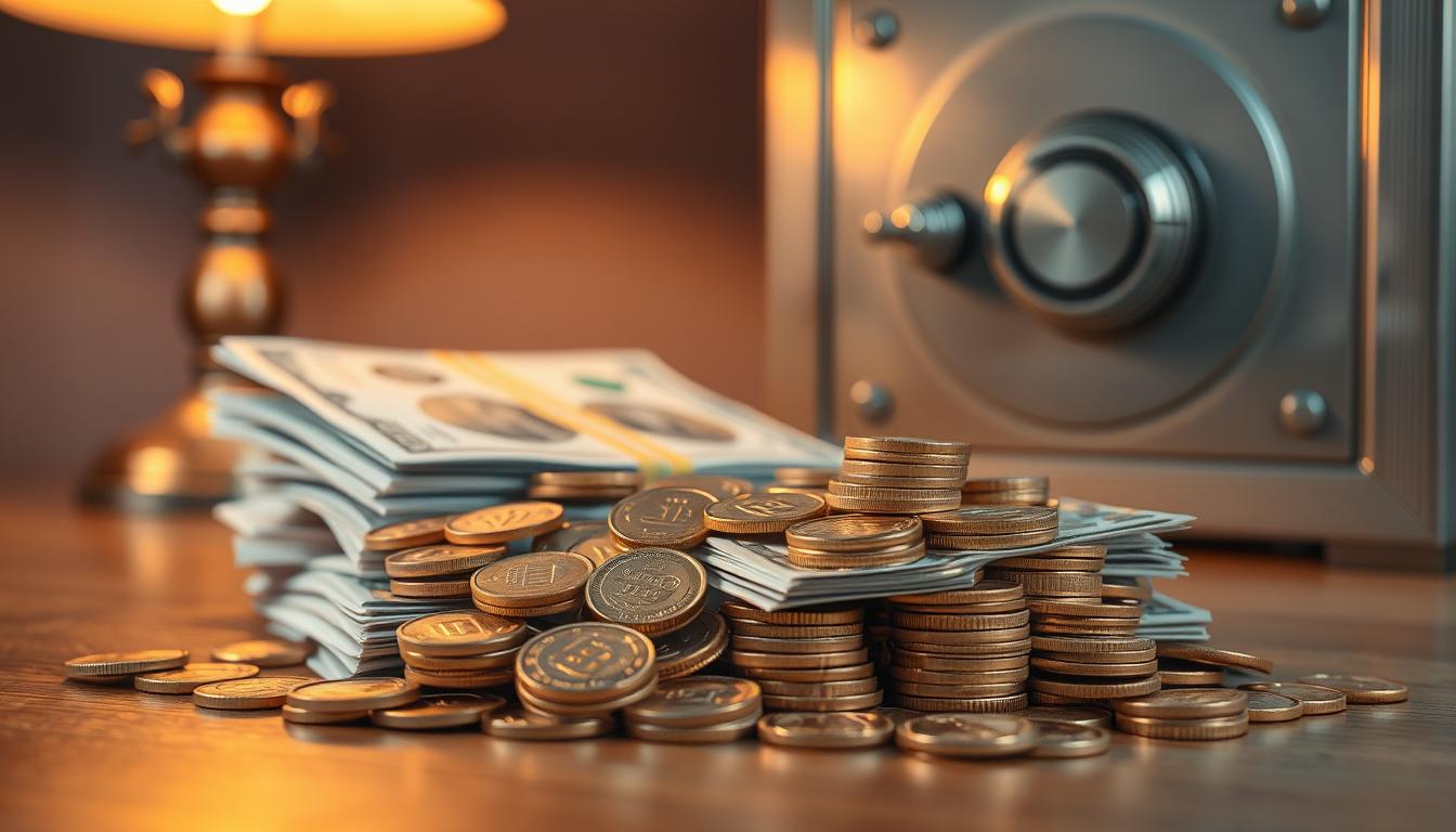 A pile of gold coins and stacks of banknotes on a wooden table, illuminated by a warm, cozy light from a nearby lamp. In the background, a safe with a combination lock stands as a symbol of financial security. The scene conveys a sense of financial stability, preparedness, and the importance of building an emergency fund to weather unexpected challenges.