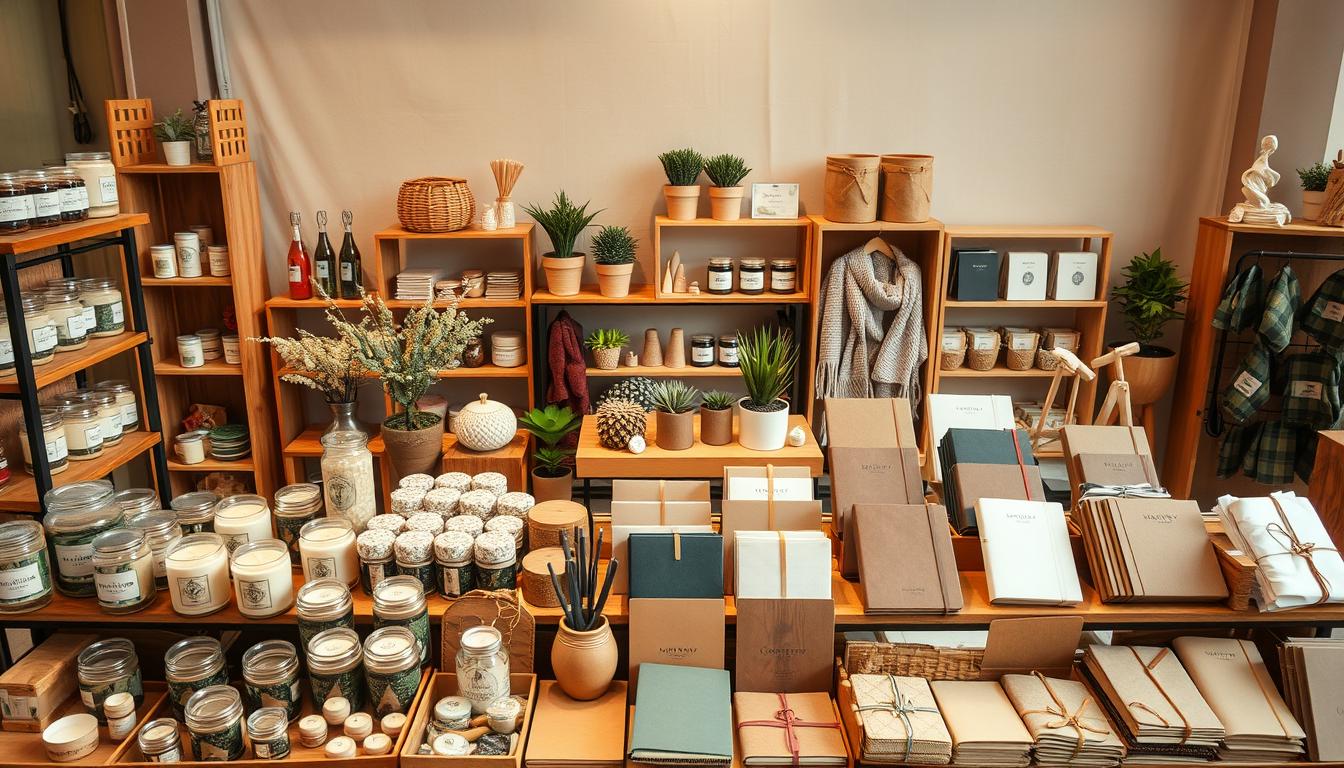 A well-lit overhead shot showcasing an artisanal display of popular handmade crafts from the "Money Crafters" brand. In the foreground, an array of neatly arranged products including scented candles, decorative planters, knitted scarves, and handbound notebooks. The middle ground features a variety of wooden shelves and display stands, creating a sense of depth. In the background, a neutral-toned wall or backdrop provides a clean, minimalist setting, allowing the craft products to take center stage. The overall composition exudes a rustic, high-quality aesthetic, reflecting the attention to detail and craftsmanship inherent in these sellable creations.