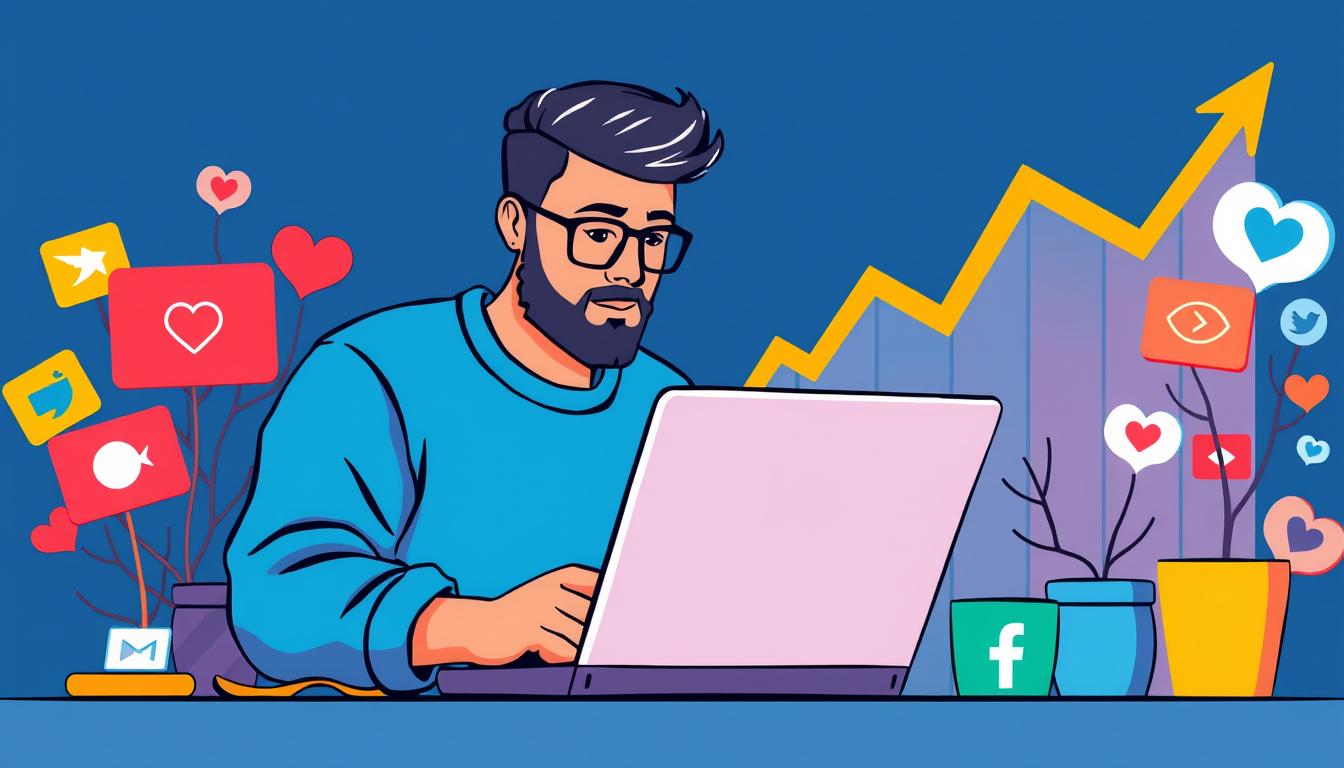 Create an image of a content creator working on their laptop, surrounded by social media icons and a growing audience graph.