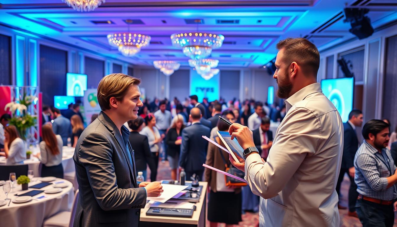 Create an image of a professional event planner coordinating a corporate event.