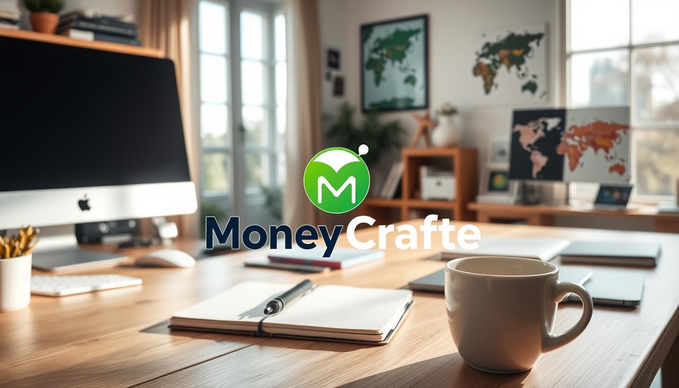 A neatly organized home office, sunlight streaming through large windows, a desktop computer, a notebook, and a cup of coffee set the scene. In the foreground, the "Money Crafters" logo stands out, a symbol of the opportunities for making extra money online. The middle ground features various digital devices and tools, hinting at the versatile ways to earn extra income. In the background, a world map and inspirational artwork suggest the global reach and potential of online income streams. The overall atmosphere is one of focus, productivity, and the promise of financial growth.