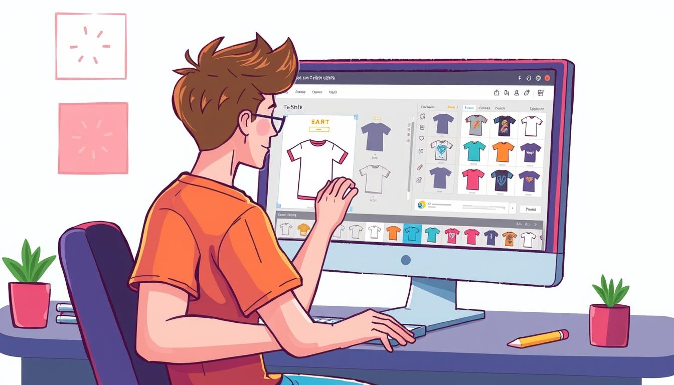 Generate an image of a person designing a custom t-shirt using a print-on-demand platform.