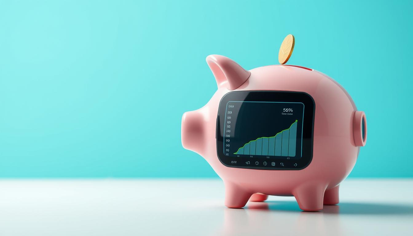 An image representing automated savings, such as a piggy bank with a digital screen displaying savings progress.