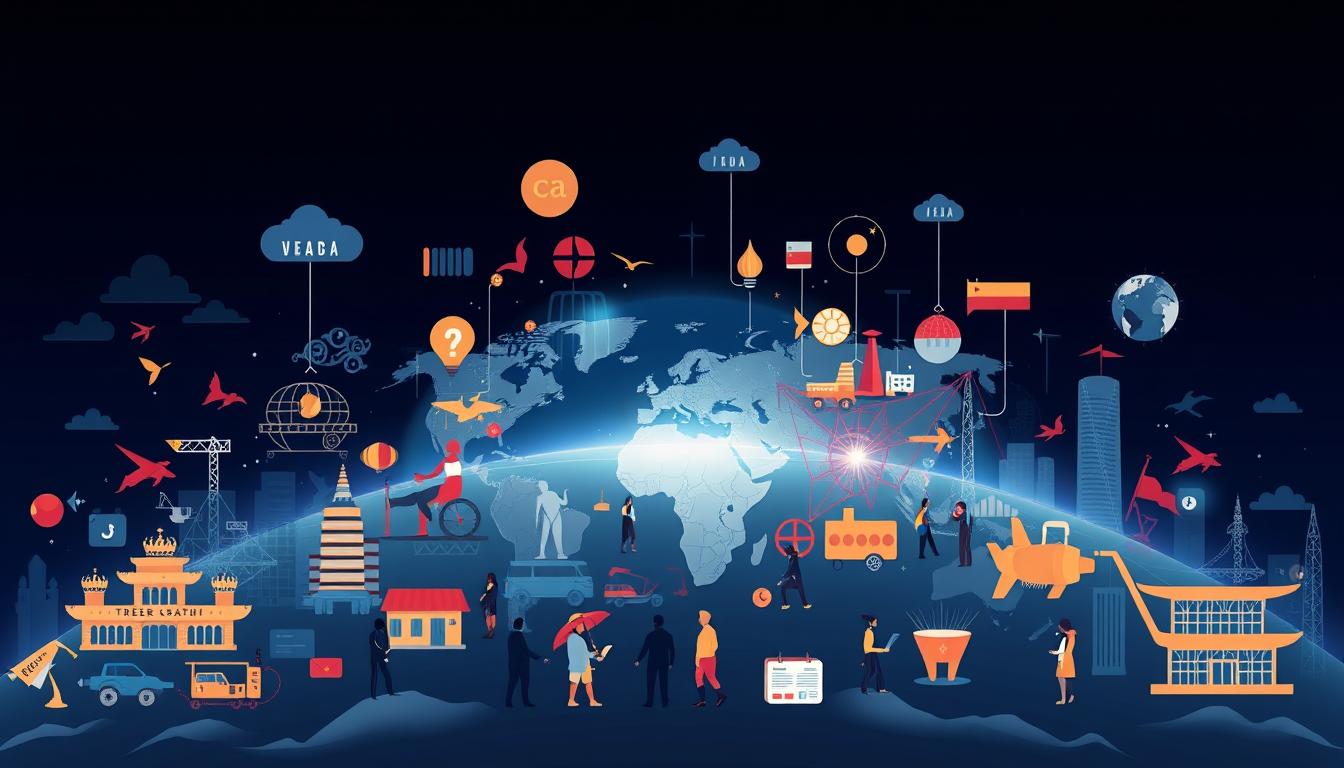 Generate an image representing global business expansion through AI translation services